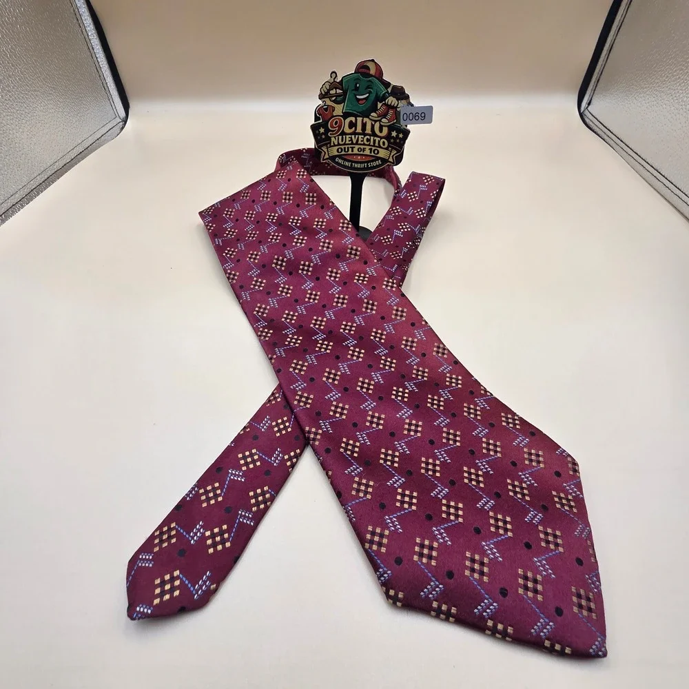 Audrey Buckner Mens Silk Tie Burgundy Geometric Gold Blue Hand Tailored 4 Inch